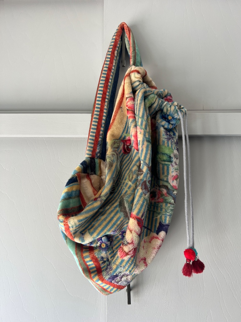 Johnny Was Floral Stripe Velvet Fleece Drawstring Boho Hobo Bucket Shoulder Bag